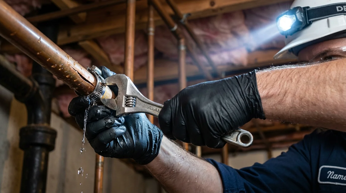 Emergency pipe clamp repair being performed by a Johns Plumbing LLC plumber in Virginia City