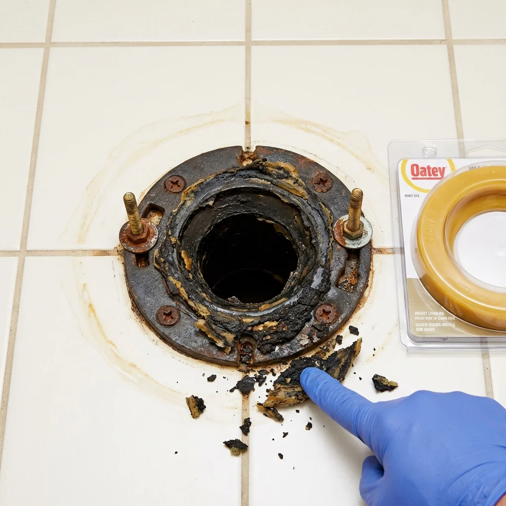 Failed wax ring showing water seepage at the base of a toilet in a Virginia City, NV home