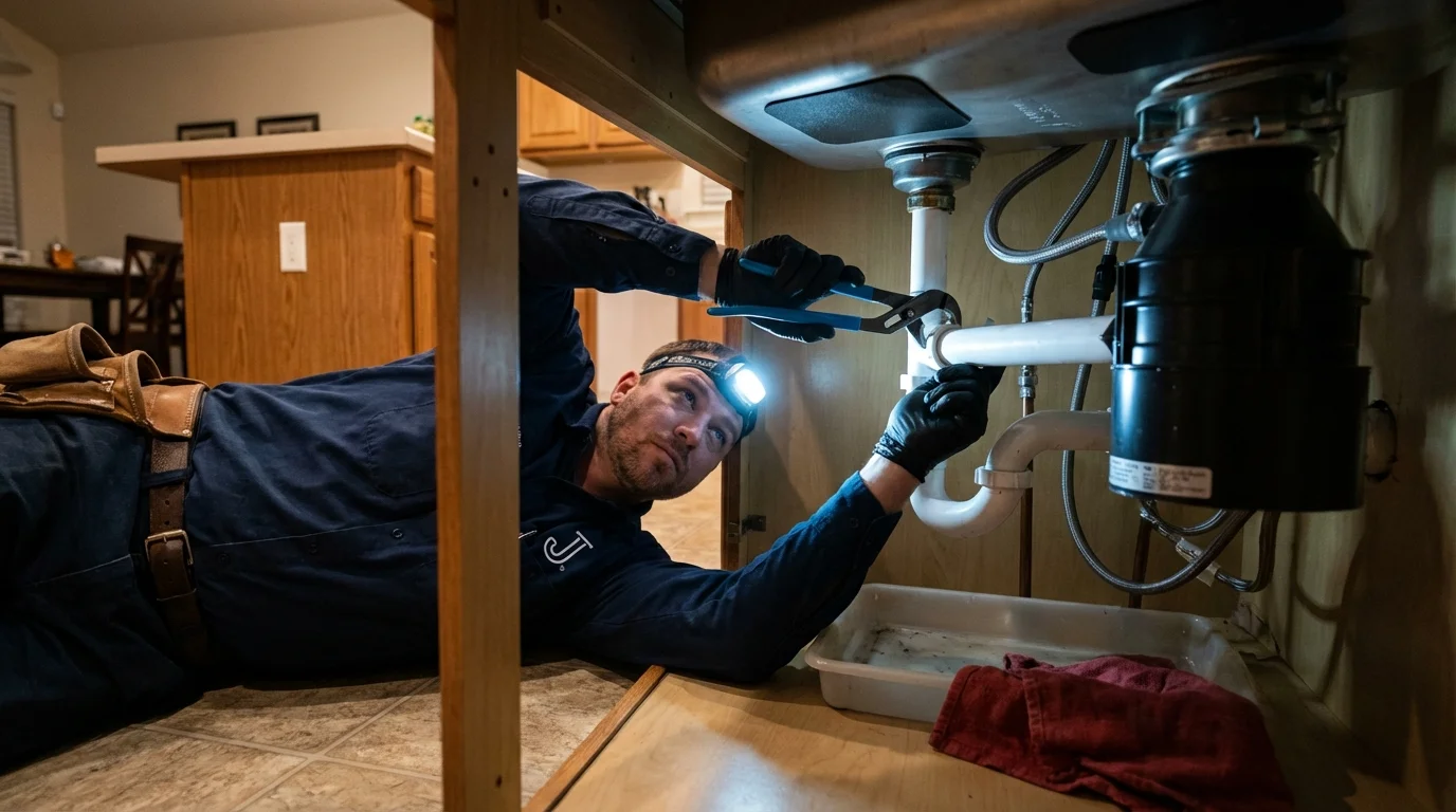 P-trap and supply line connections under a kitchen sink showing a common leak point in Virginia City, NV